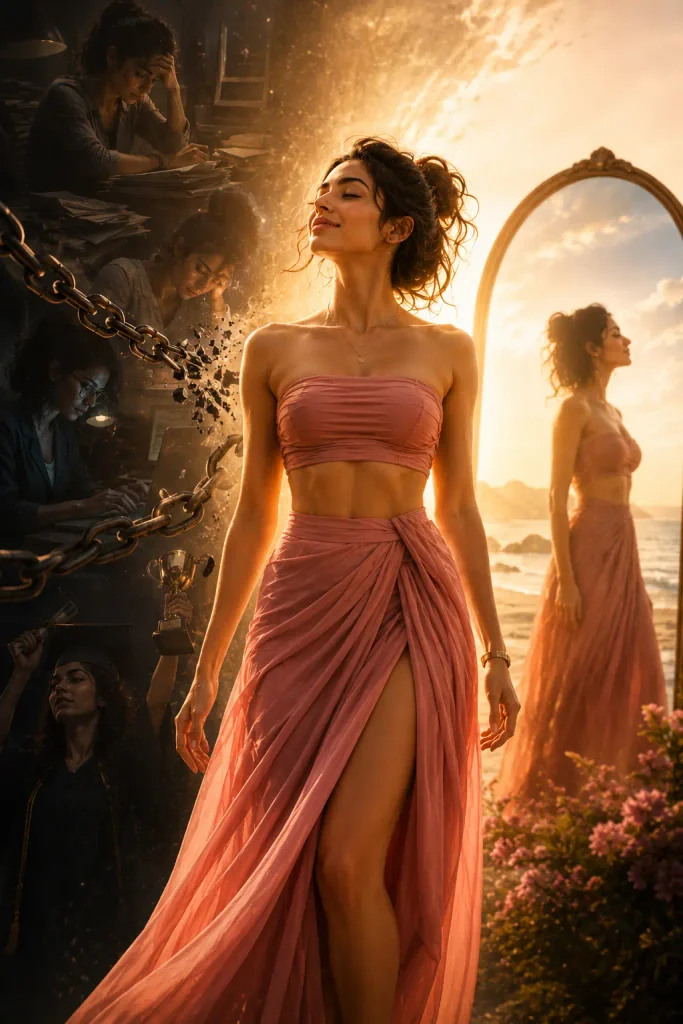 What is Self-worth Confident woman in a stylish pinkish-red tube top and flowing long skirt symbolizing self-worth and personal freedom