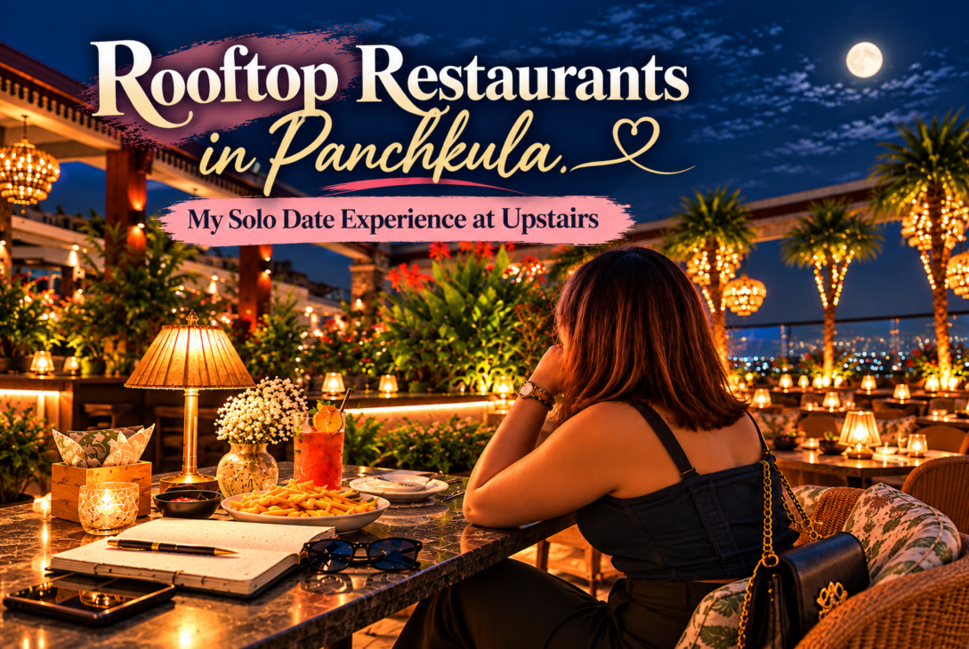 Rooftop restaurants in Panchkula featuring Upstairs rooftop ambience, city view, dinner table, greenery and warm evening lights