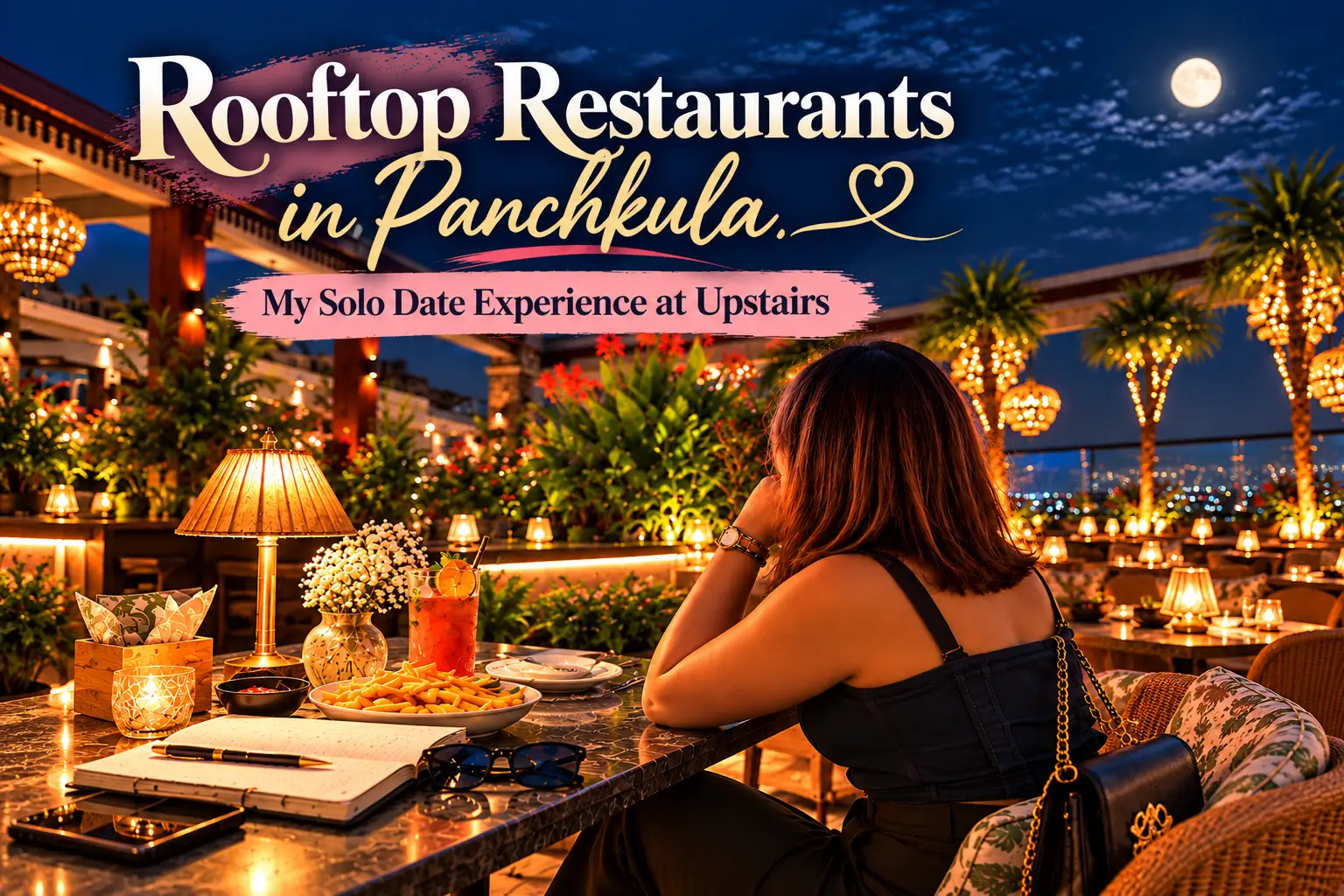 Rooftop restaurants in Panchkula featuring Upstairs rooftop ambience, city view, dinner table, greenery and warm evening lights