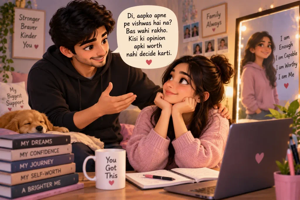 How to build self-worth Brother encouraging his sister to believe in herself and not let others' opinions define her worth