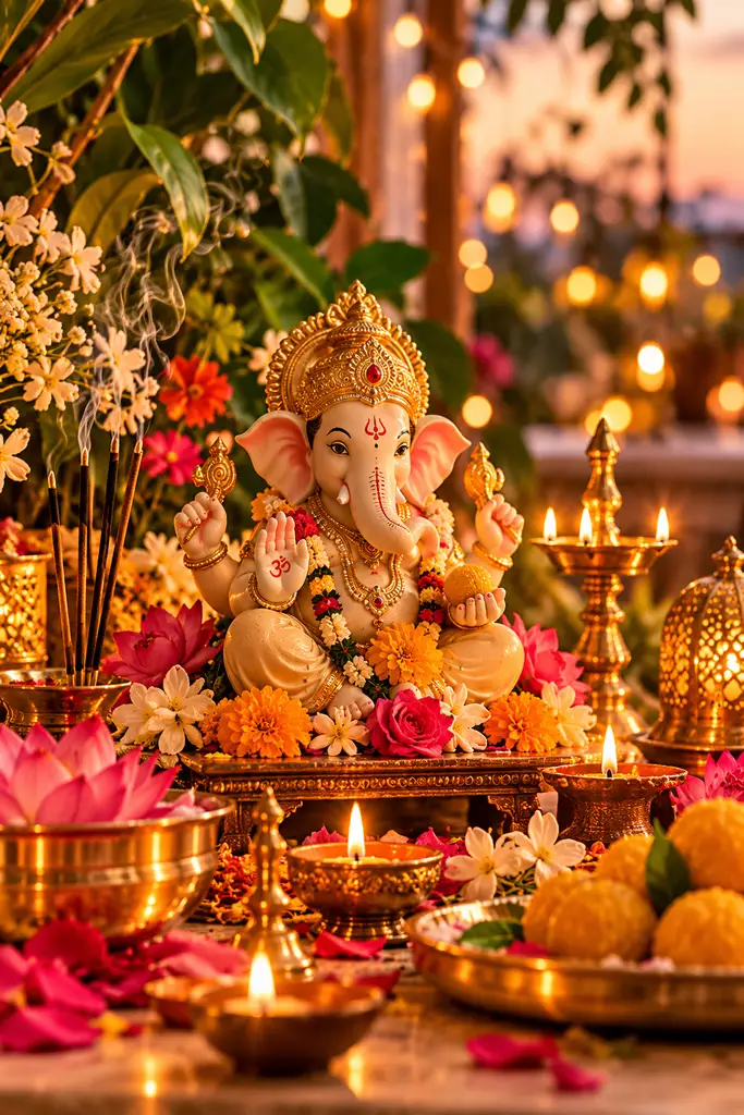 Rooftop restaurants in Panchkula during Ganpati Visarjan with a beautifully decorated Lord Ganesha idol, flowers and glowing diyas
