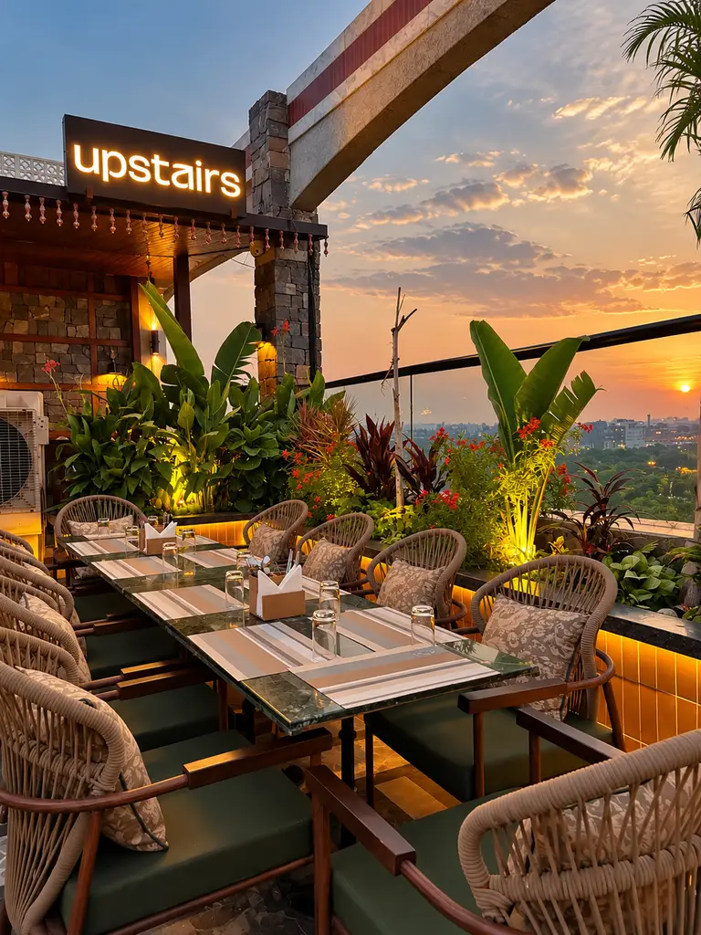 Rooftop restaurants in Panchkula – Upstairs rooftop dining area with greenery, outdoor seating and city views