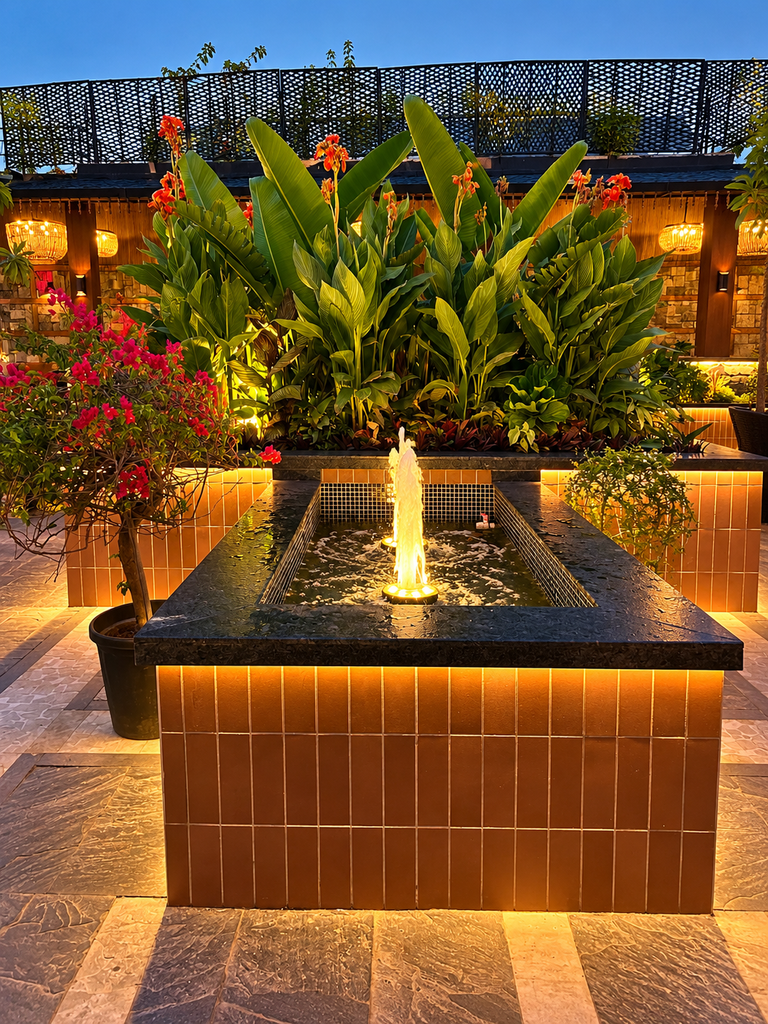 Rooftop restaurants in Panchkula featuring Upstairs rooftop fountain surrounded by lush greenery, flowers and warm lights