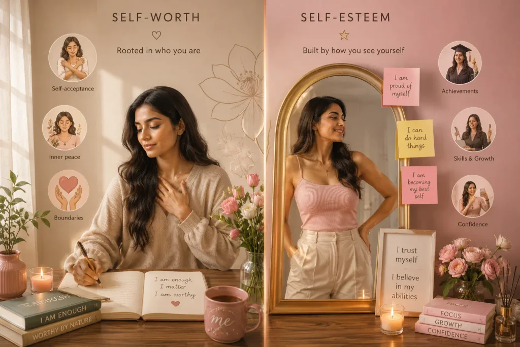 Self-worth vs self-esteem represented through a modern woman, symbolizing inner self-acceptance, personal value, confidence, growth, and belief in oneself.