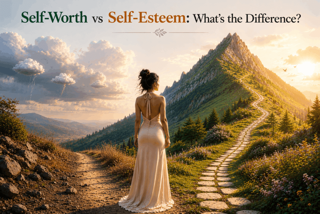 Self-worth vs self-esteem represented by a woman standing between a stormy path and a beautiful mountain