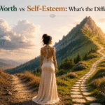 Self-worth vs self-esteem represented by a woman standing between a stormy path and a beautiful mountain