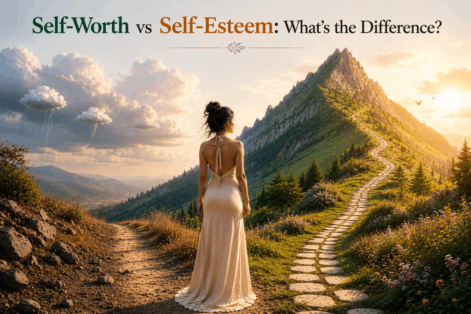 Self-worth vs self-esteem represented by a woman standing between a stormy path and a beautiful mountain