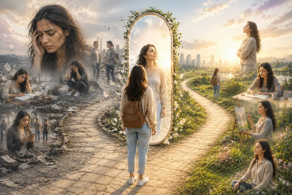 Self-worth vs self-esteem A modern woman facing life’s challenges while walking toward a brighter future, symbolizing resilience, self-belief, and personal growth.