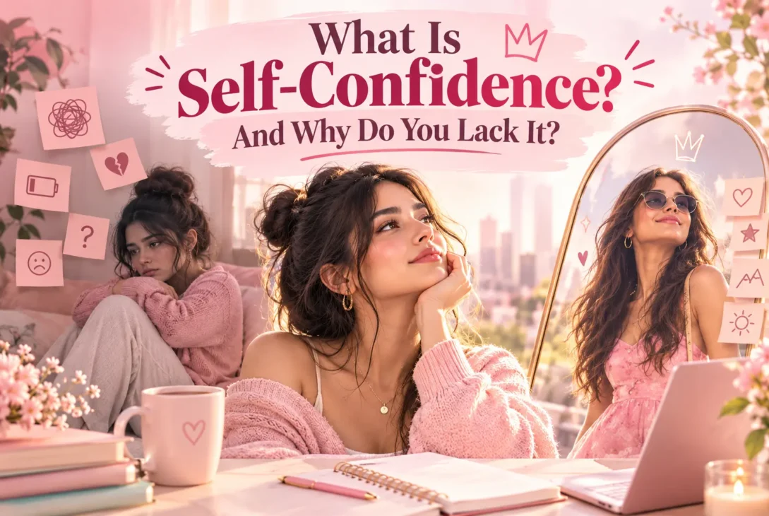 What is self-confidence and why do you lack it, represented by a woman reflecting on her confidence and self-belief in a stylish pink setting.