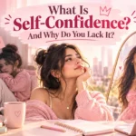 What is self-confidence and why do you lack it, represented by a woman reflecting on her confidence and self-belief in a stylish pink setting.