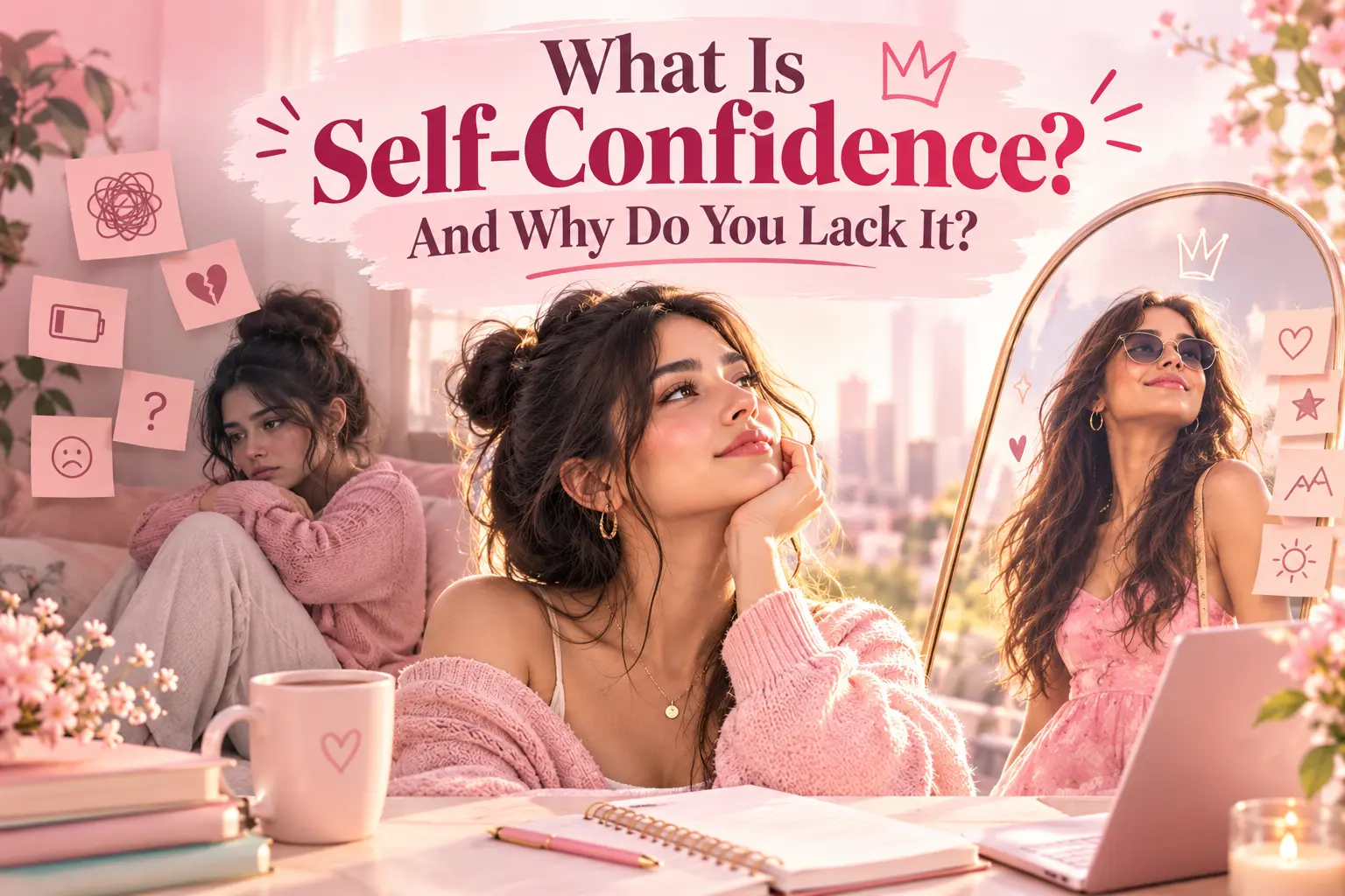 What is self-confidence and why do you lack it, represented by a woman reflecting on her confidence and self-belief in a stylish pink setting.