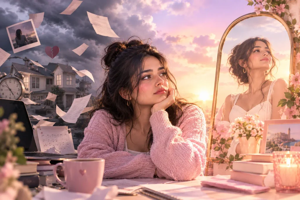 What is self-confidence represented by a woman whose confidence is shaken by difficult life circumstances but who remains hopeful and resilient.