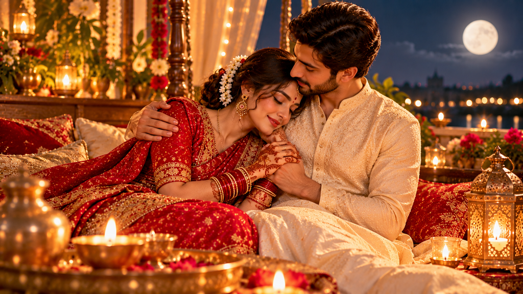 Karwa Chauth 2026 – Indian couple in traditional festive attire sharing a loving moment under the full moon, surrounded by glowing diyas and festive decorations.