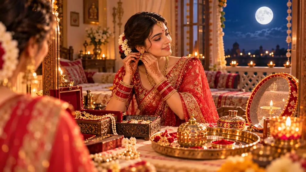 Karwa Chauth 2026 – Woman in a traditional red saree preparing for the festival with jewellery, a decorated puja thali and a sieve under the moonlight.