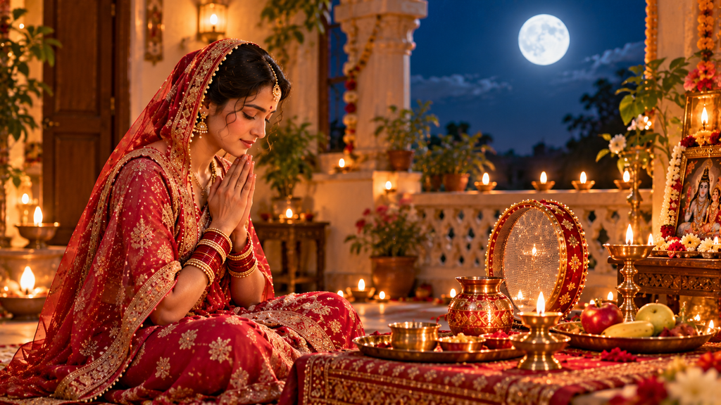 Karwa Chauth 2026 – Indian woman in a traditional red saree praying beside a decorated puja thali with a sieve, diya and offerings under the full moon.