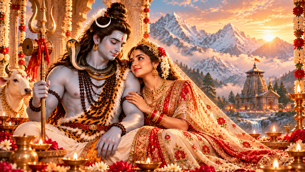 Karwa Chauth 2026 – Divine illustration of Lord Shiva and Goddess Parvati together in the Himalayas, symbolising love, devotion and the sacred bond of marriage.