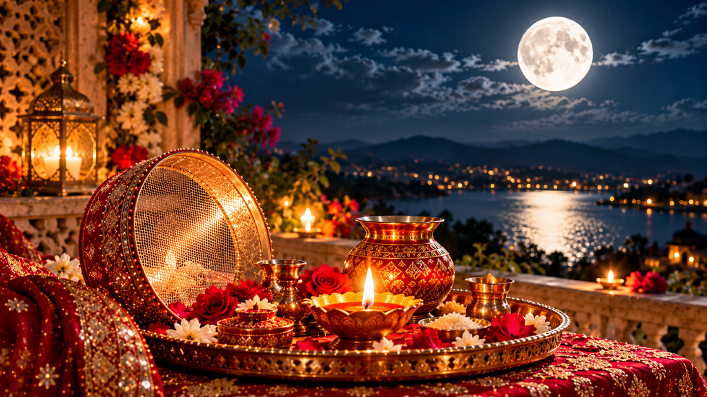Karwa Chauth 2026 – Traditional decorated puja thali with a glowing diya, ornate sieve, red karwa pot and flowers under the full moon.