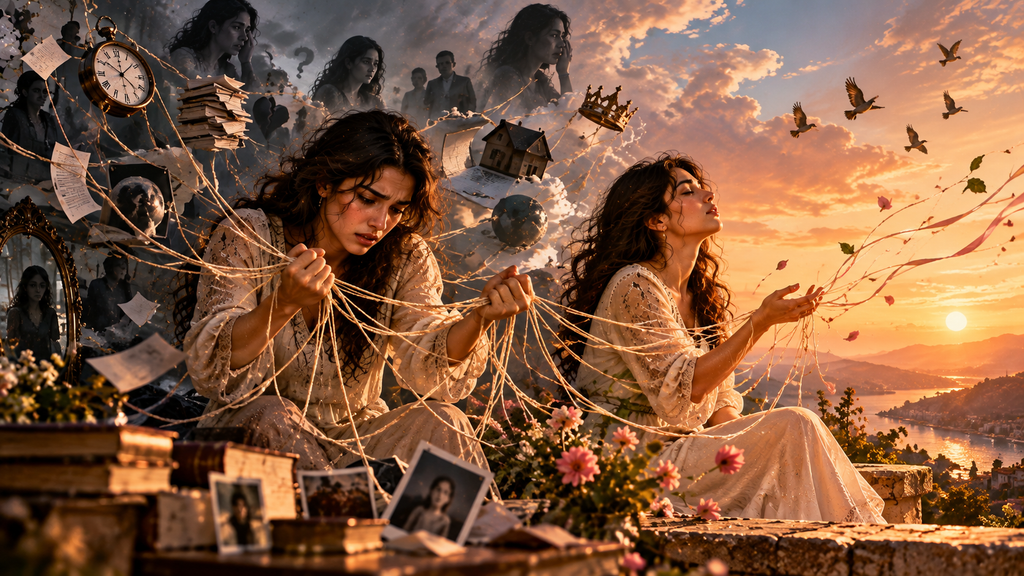 Woman releasing tangled threads representing the causes of overthinking, need for control, self-doubt, and emotional freedom