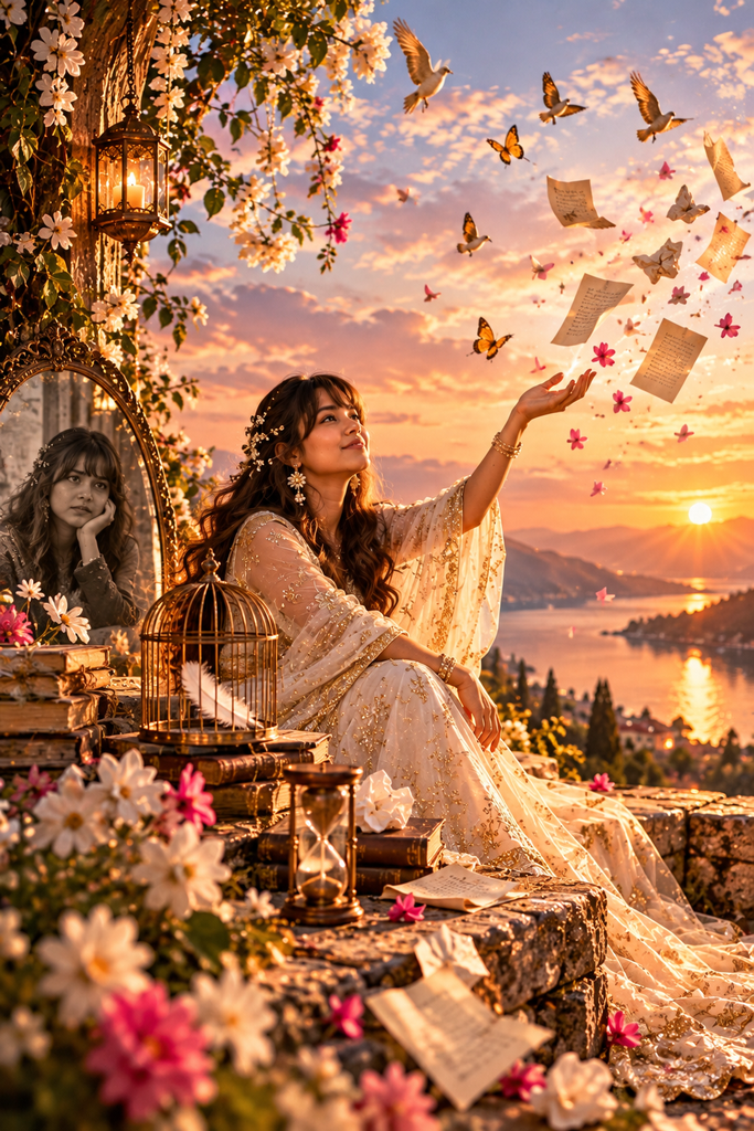 Woman peacefully releasing thoughts into the open sky, symbolizing the causes of overthinking, emotional release, acceptance, and letting go