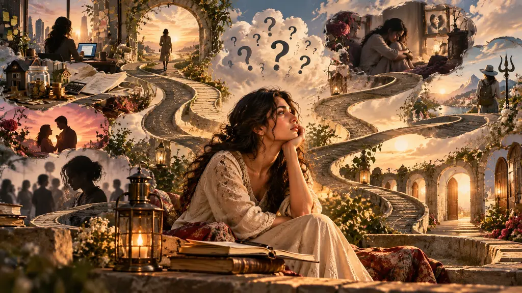 A woman surrounded by multiple paths representing the causes of overthinking, uncertainty, possibilities, and endless thoughts