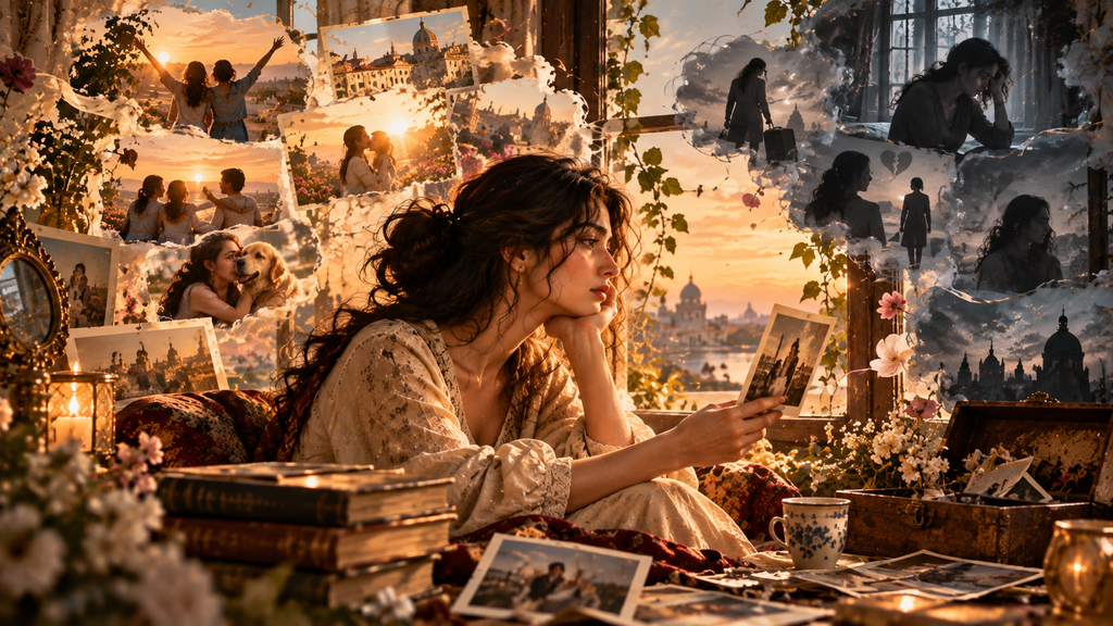 Woman looking at old photographs, symbolizing the causes of overthinking, past memories, regret, and emotional attachment