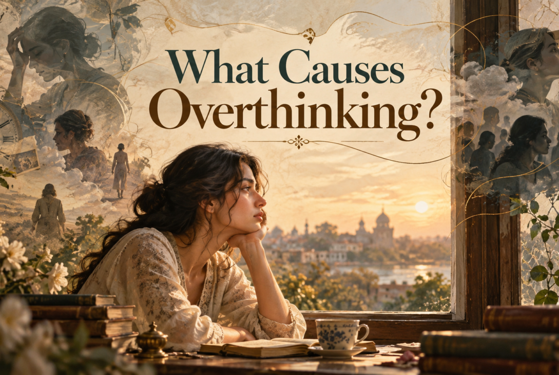 A woman reflecting by a window, representing the causes of overthinking and an endlessly busy mind