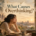 A woman reflecting by a window, representing the causes of overthinking and an endlessly busy mind