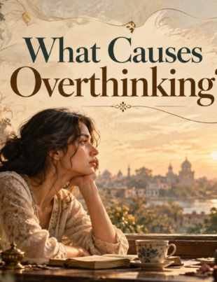 A woman reflecting by a window, representing the causes of overthinking and an endlessly busy mind