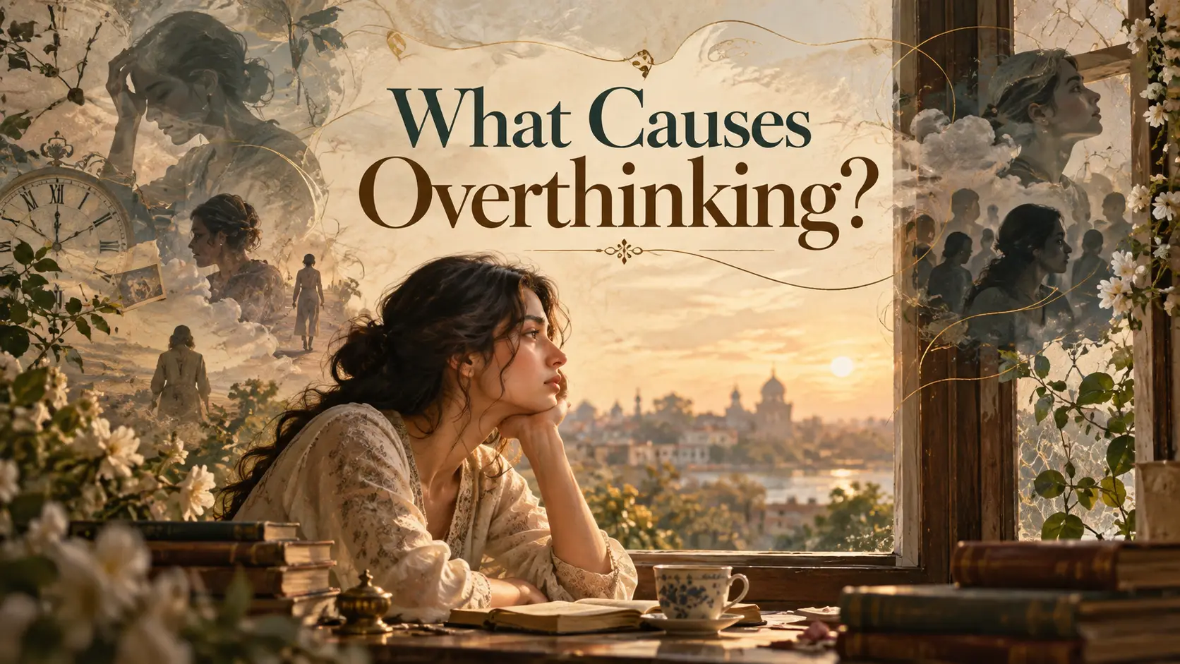 A woman reflecting by a window, representing the causes of overthinking and an endlessly busy mind
