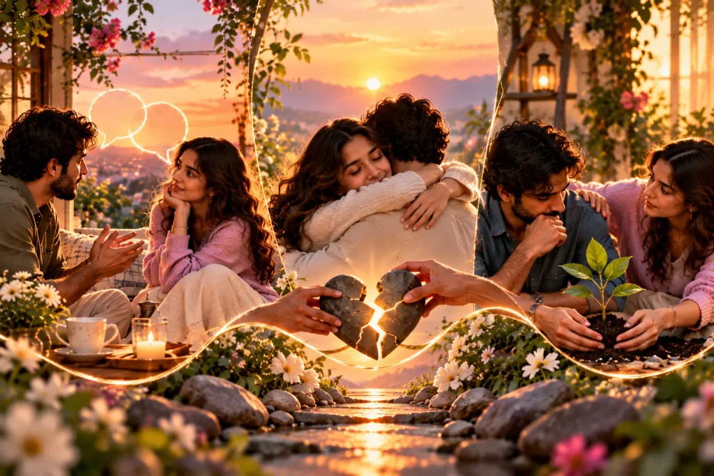 Healthy relationships represented through open communication, forgiveness, emotional understanding and accountability, showing a couple rebuilding trust and strengthening their connection.