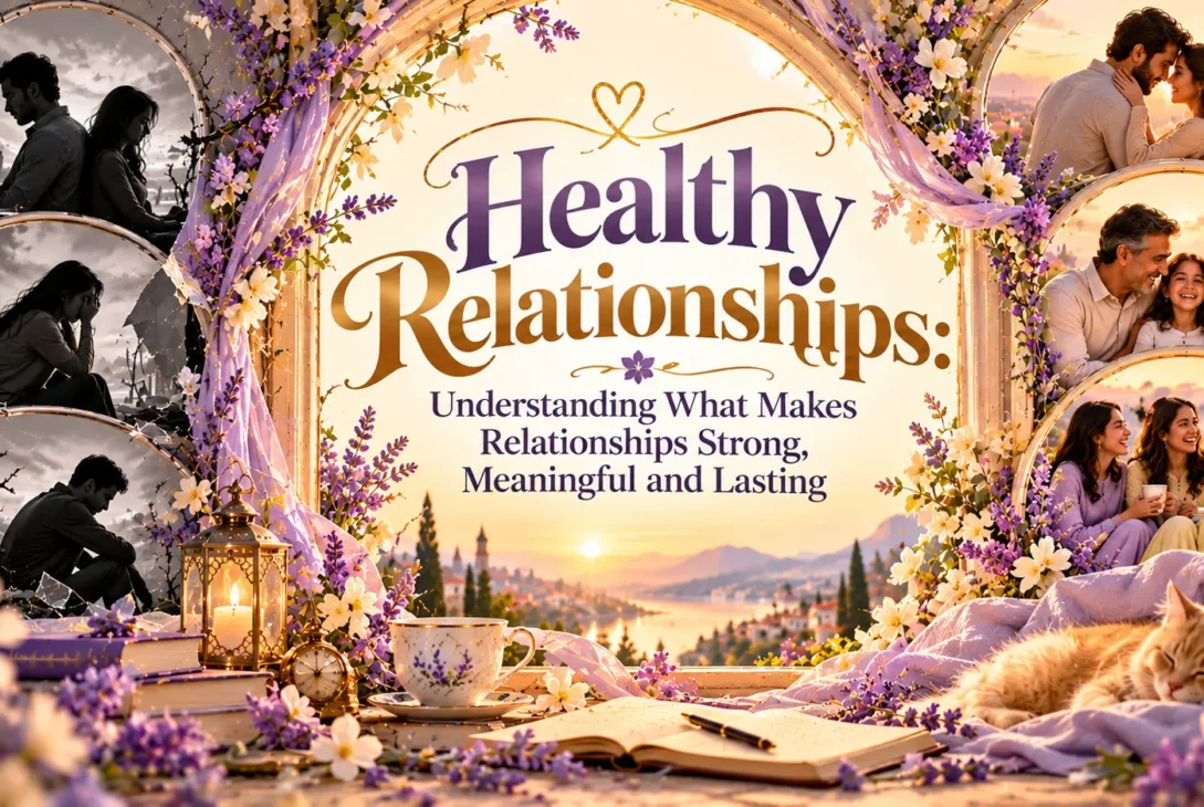 Healthy relationships illustrated through family love, romantic connections, genuine friendships and emotional understanding, highlighting strong and meaningful bonds.