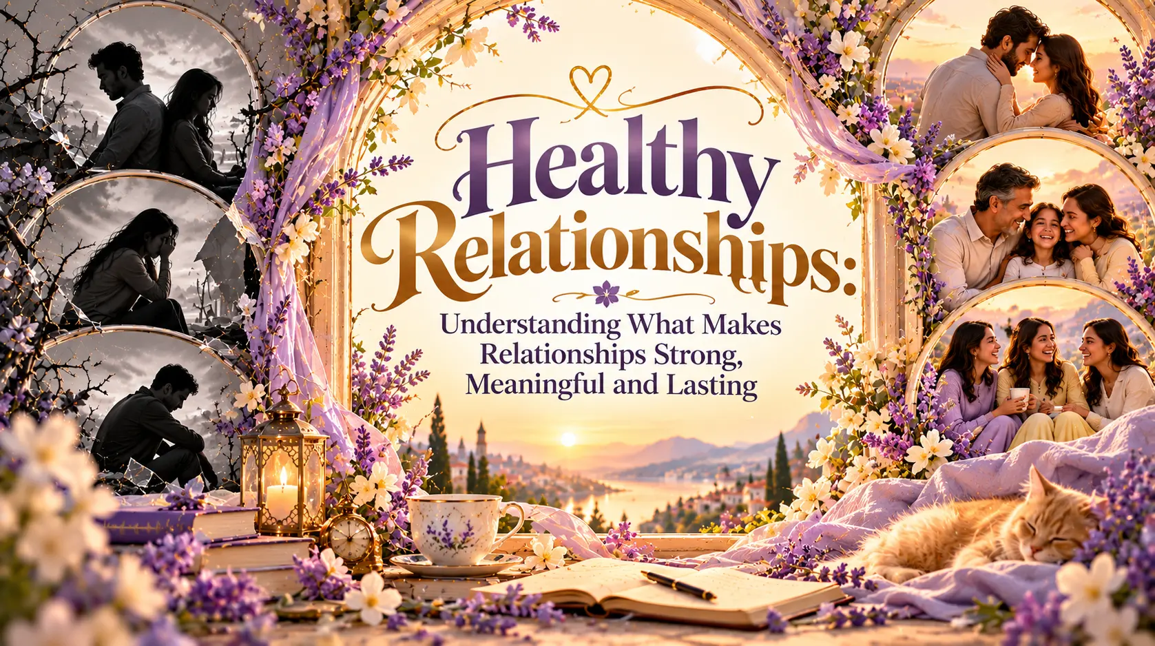 Healthy relationships illustrated through family love, romantic connections, genuine friendships and emotional understanding, highlighting strong and meaningful bonds.