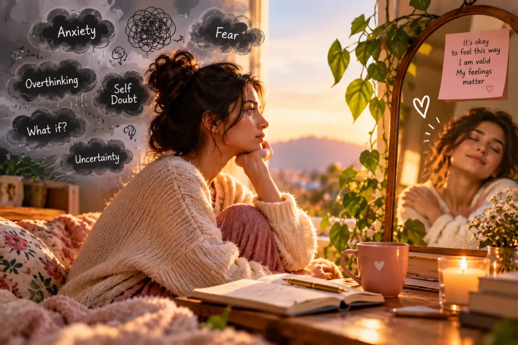 How to manage anxiety by recognising your feelings, accepting anxious thoughts, and practising self-compassion.