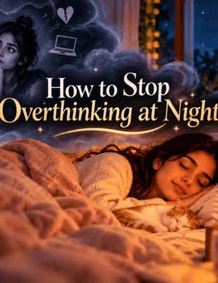 A woman sleeping peacefully while dreamy clouds of anxious thoughts fade away, illustrating how to stop overthinking at night.