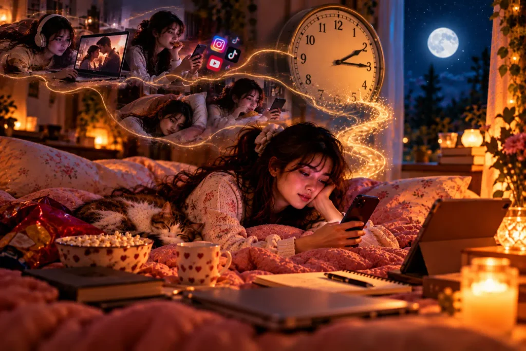 Woman staying awake late at night while scrolling on her phone, illustrating how to stop overthinking at night and build healthier bedtime habits.