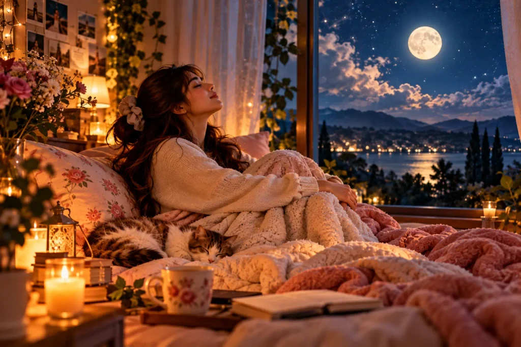 A woman relaxing peacefully by a moonlit window, representing how to stop overthinking at night and find rest despite life's uncertainties.