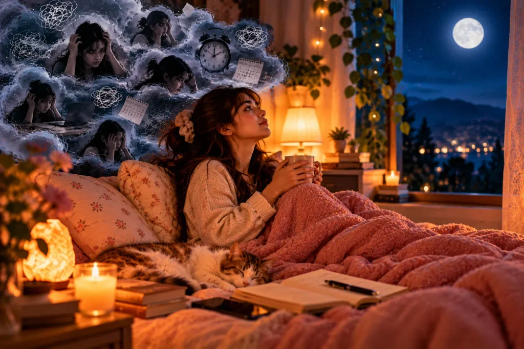 Woman sitting awake in bed with racing thoughts, illustrating how to stop overthinking at night and calm the mind before sleep.