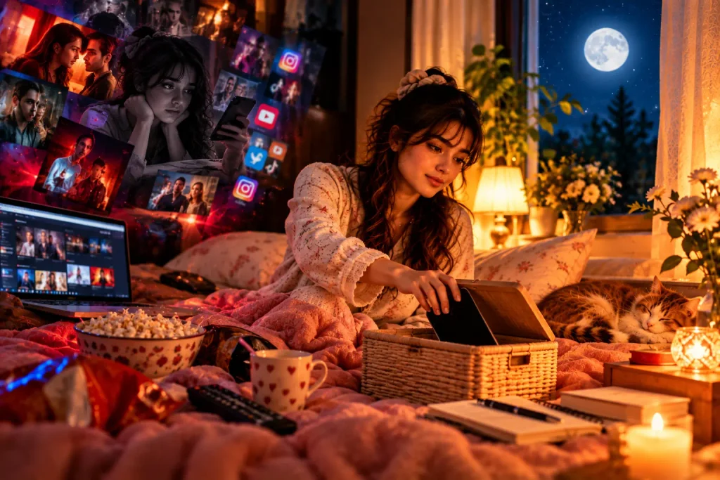 Woman putting away her phone in a cozy bedroom at night, illustrating how to stop overthinking at night by setting boundaries with movies, web series and scrolling.
