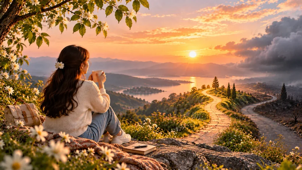 A woman watching a peaceful sunset over a mountain valley, illustrating how to stop worrying about things you cannot control and focus on what matters.
