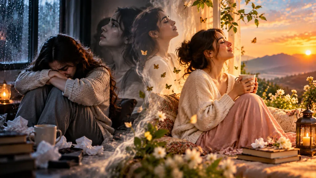 A woman moving from sadness to peace, illustrating how to stop worrying about things you cannot control and process difficult emotions.