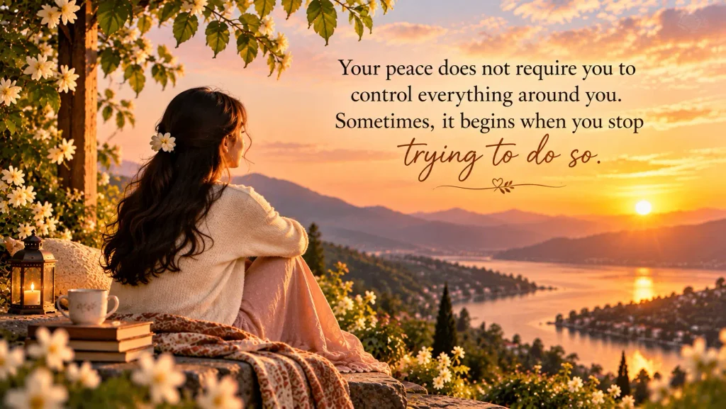 Inspirational quote about finding inner peace and how to stop worrying about things you cannot control, featuring a woman watching a golden sunset over the mountains.