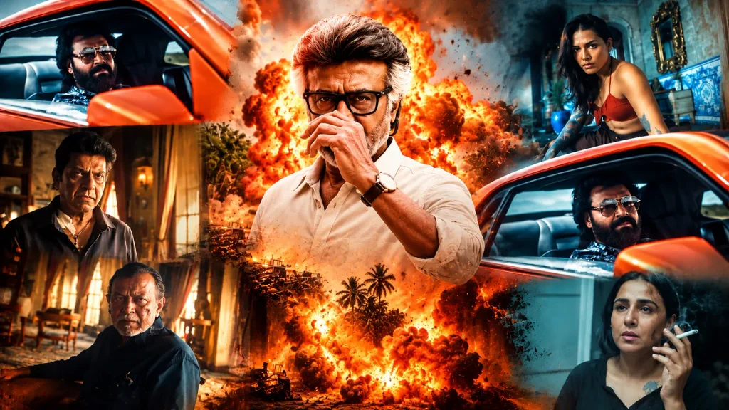Jailer 2 movie review cinematic collage featuring action scenes, an orange sports car and dramatic character visuals.
