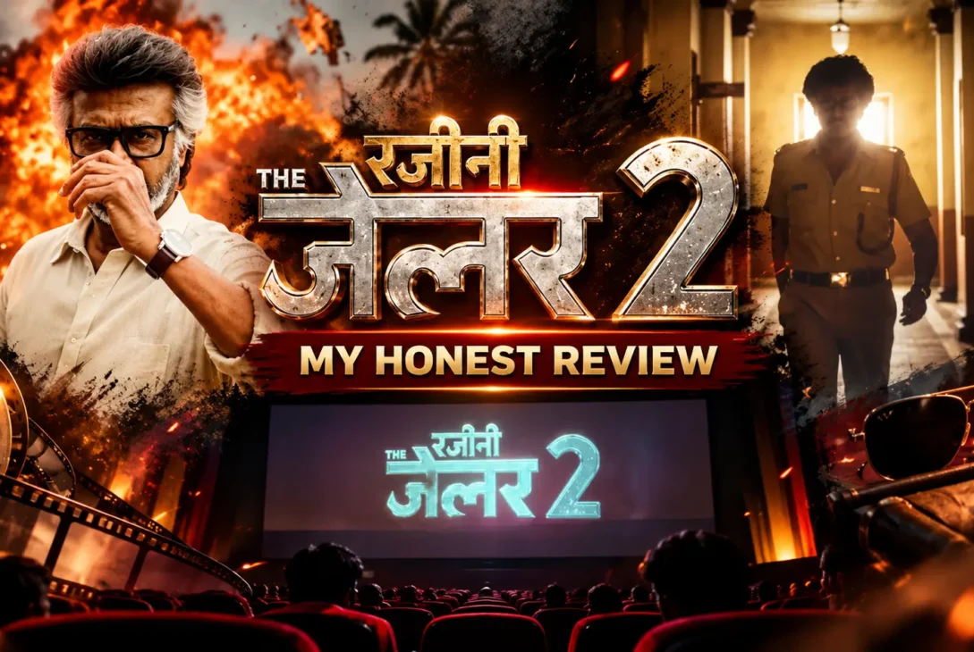 Jailer 2 movie review featured image with Rajinikanth, cinematic action visuals and the movie title.