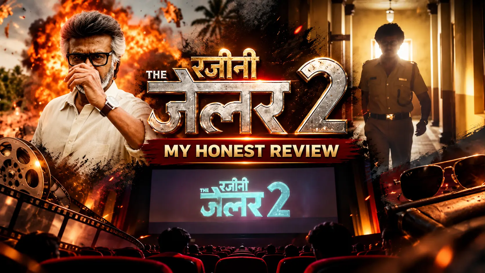 Jailer 2 movie review featured image with Rajinikanth, cinematic action visuals and the movie title.