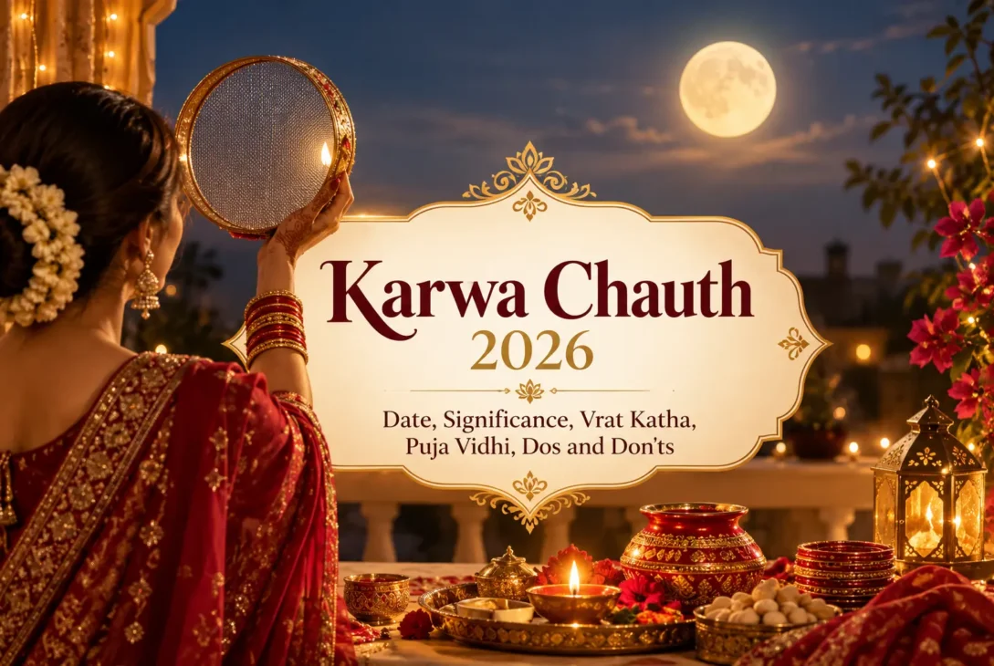Karwa Chauth 2026 feature image showing a woman in a red saree holding a decorated sieve under the full moon, with a traditional puja thali.
