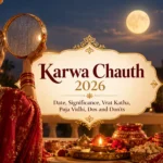 Karwa Chauth 2026 feature image showing a woman in a red saree holding a decorated sieve under the full moon, with a traditional puja thali.