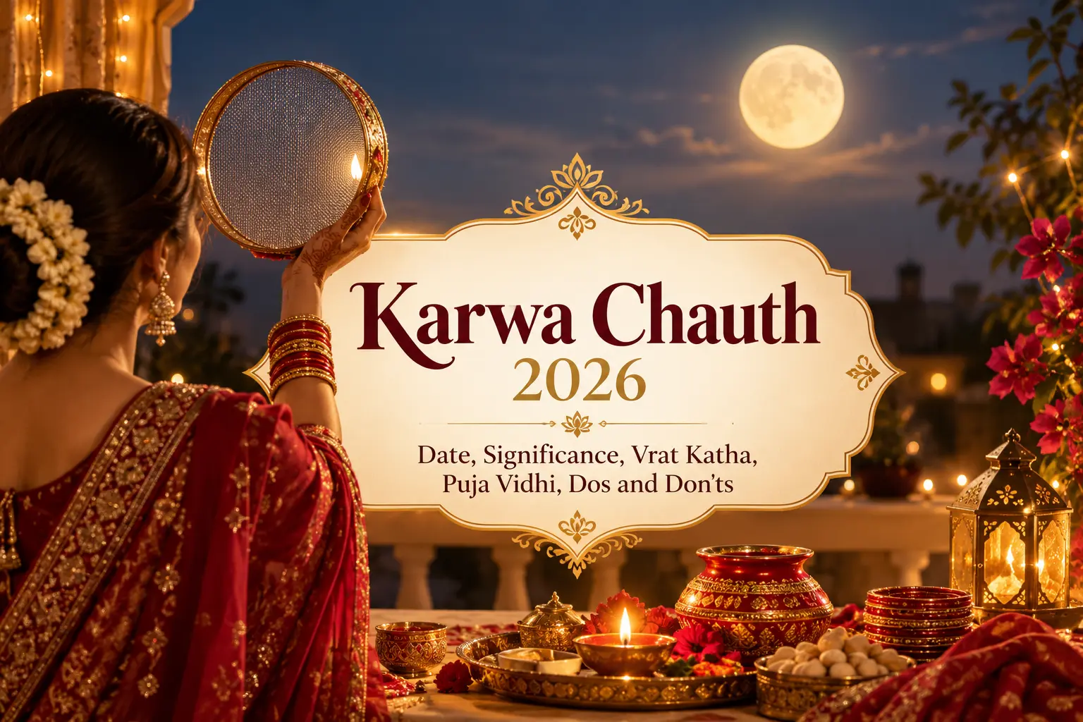 Karwa Chauth 2026 feature image showing a woman in a red saree holding a decorated sieve under the full moon, with a traditional puja thali.