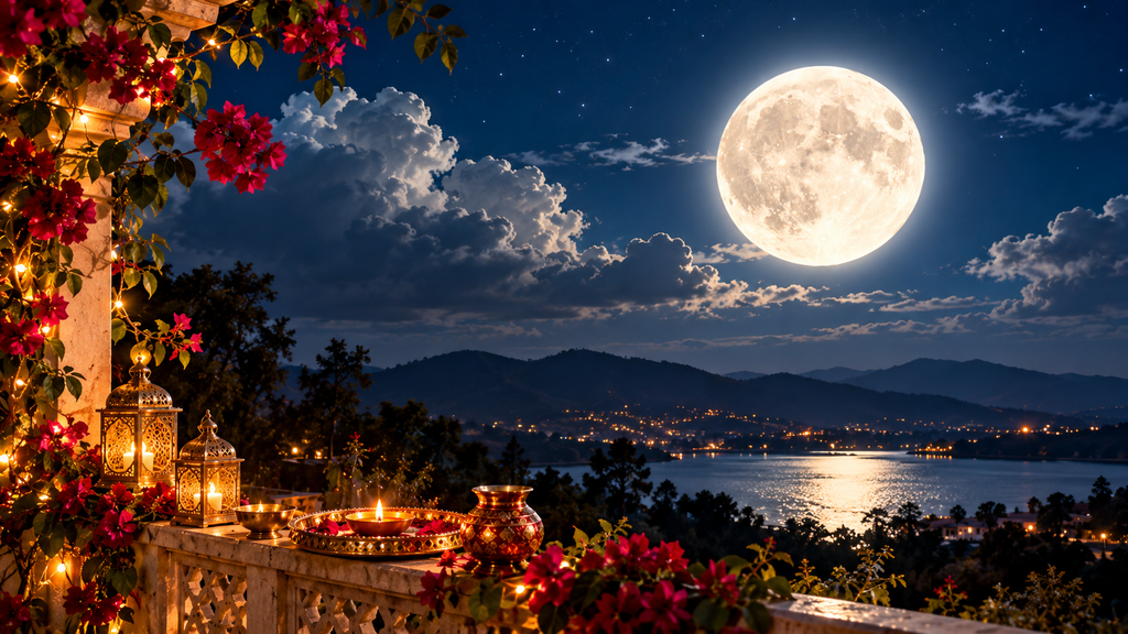 Karwa Chauth 2026 – Glowing full moon over a scenic night sky with traditional puja thali, lit diyas, decorative lanterns and flowers on a festive terrace.