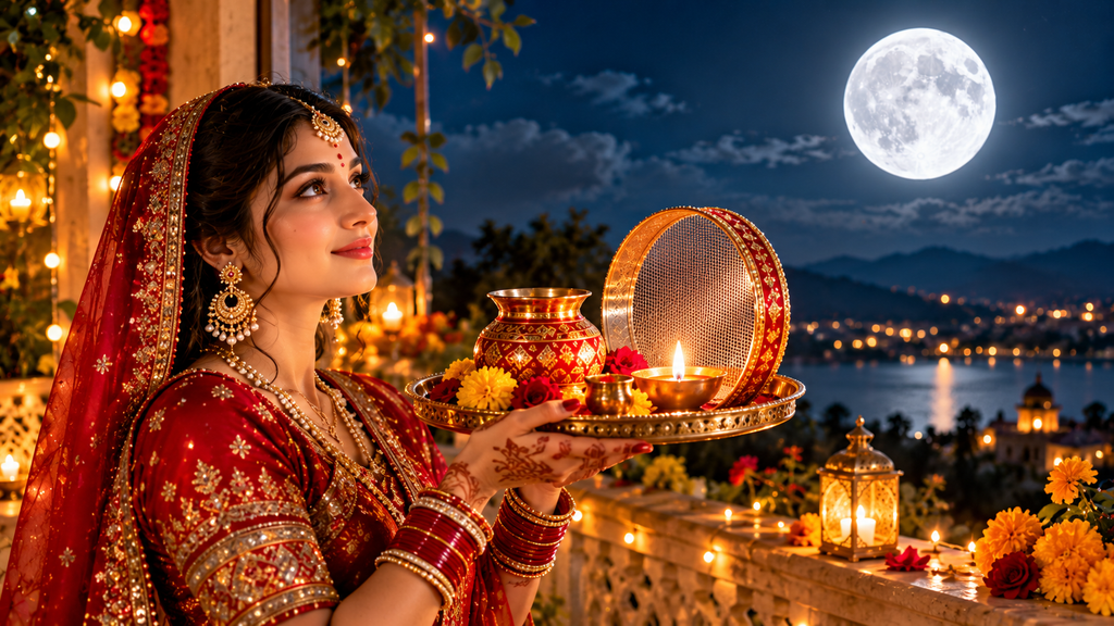 Karwa Chauth 2026 – Indian woman in a traditional red bridal outfit holding a decorated puja thali with a sieve and diya under the full moon.