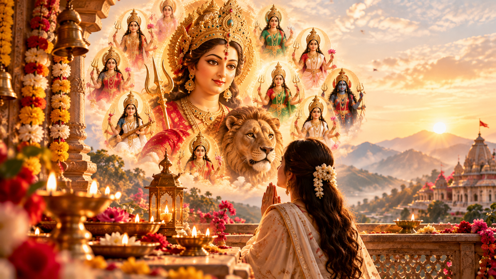 Maa Durga surrounded by the nine forms of Shakti during Navratri 2026, symbolizing divine feminine power and devotion.
